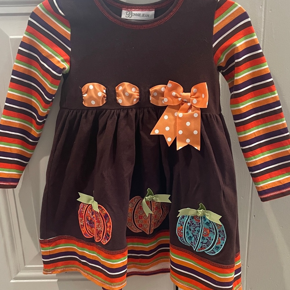 Bonnie Jean Multicolor Striped Dress with Pumpkin Accents